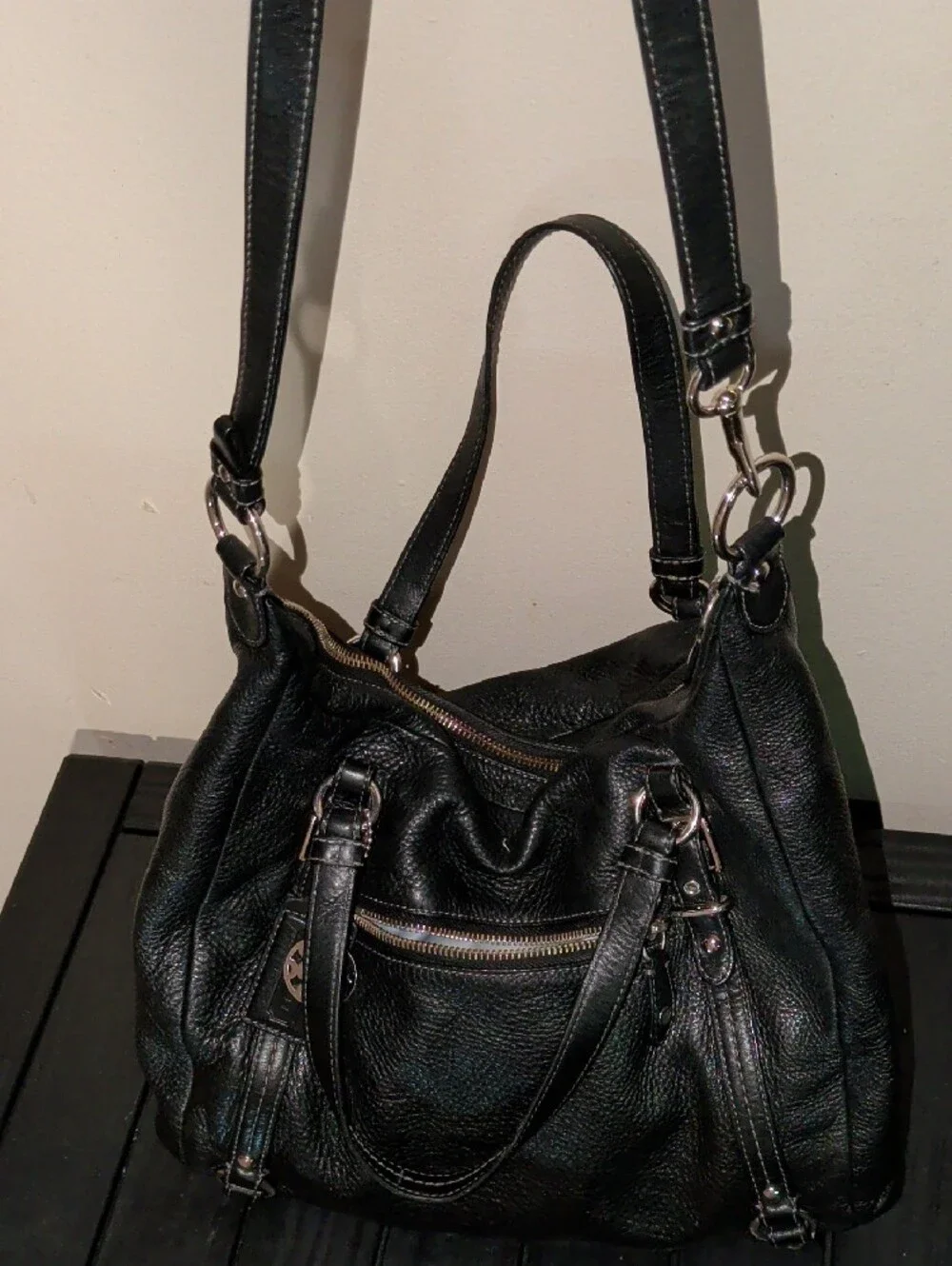 Coach Alexandra Black Pebbled Leather Tote/Crossbody bag with Silver Hardware